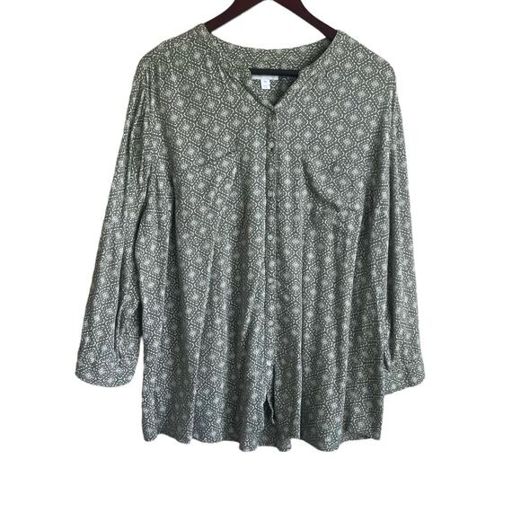 Charter Club Women Top 2X Green V-neck 3/4 Sleeve Button Up Casual Boho Workwear - Picture 1 of 12